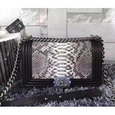 Chanel A67086-python-5 Medium Boy Flap Bag in Black/Silver Python Aged RHW 
