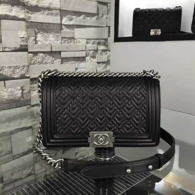 Chanel Medium Boy Flap Black Lambskin Geometry Pattern Aged RHW A67086