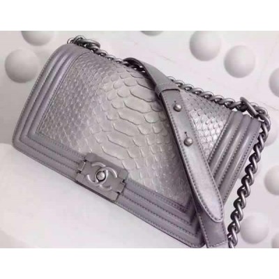 Chanel A67086-python-9 Medium Boy Flap Bag in Gray Python SHW 